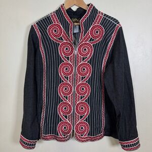 VTG Bob Mackie Denim Jacket Unisex 1X Black Red Wearable Art Embroidered Western